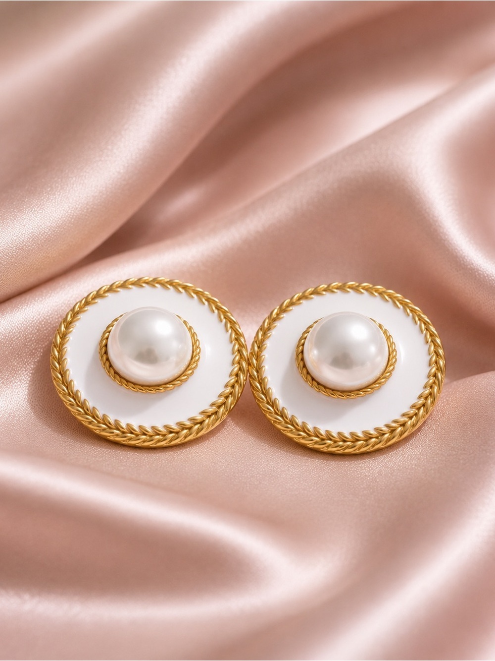 White Pearl Gold Button Earrings - Picture 3 of 9